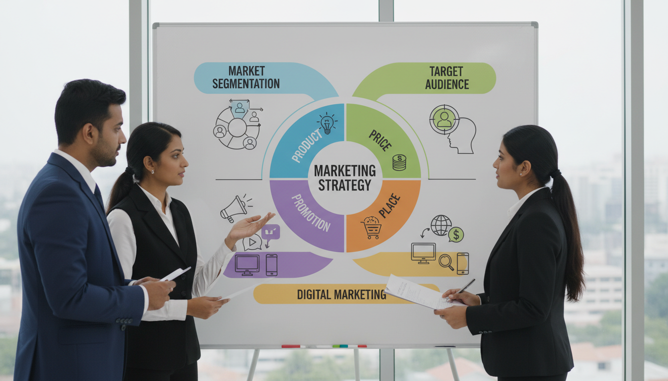 Indian professionals presenting an infographic on 'The Fundamentals of Marketing,' showcasing key components of a marketing strategy.